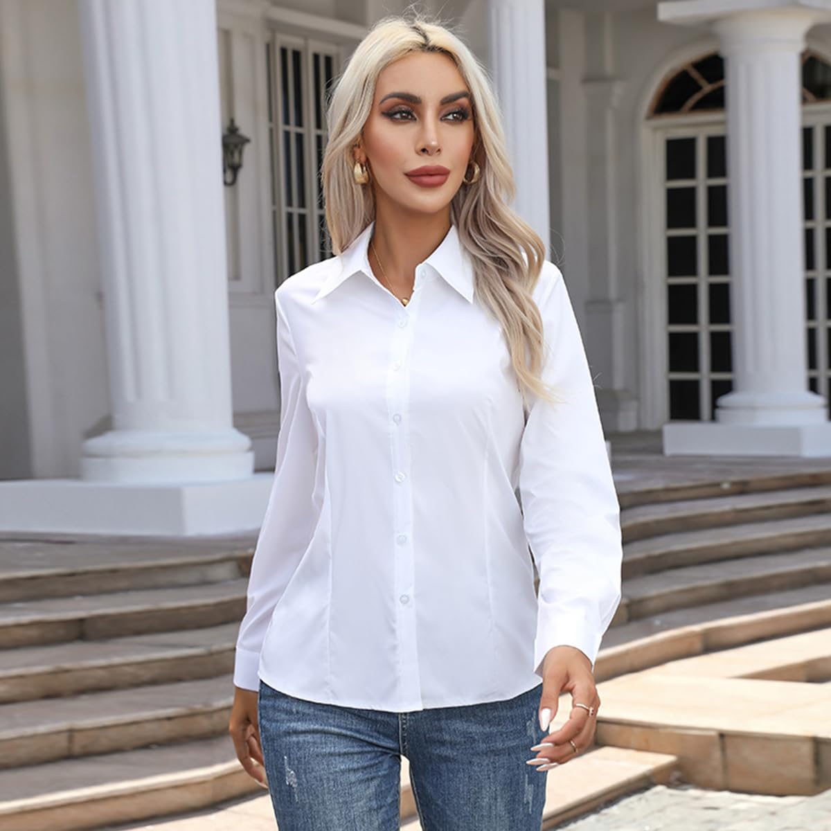 PALAY Women's Long Sleeve Classic-Fit Dress Shirts Button Down Wrinkle-Free Stretch Executive Solid Casual Work Office Blouse Top, L PALAY Women's Long Sleeve Classic-Fit Dress Shirts Button Down Wrinkle-Free Stretch Executive Solid Casual Work Office Blouse Top, L